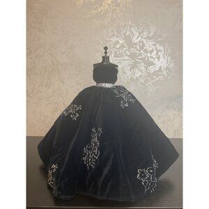 Vintage Fashion Doll Velvet Ball Gown Dress Embroidered Silver Pattern